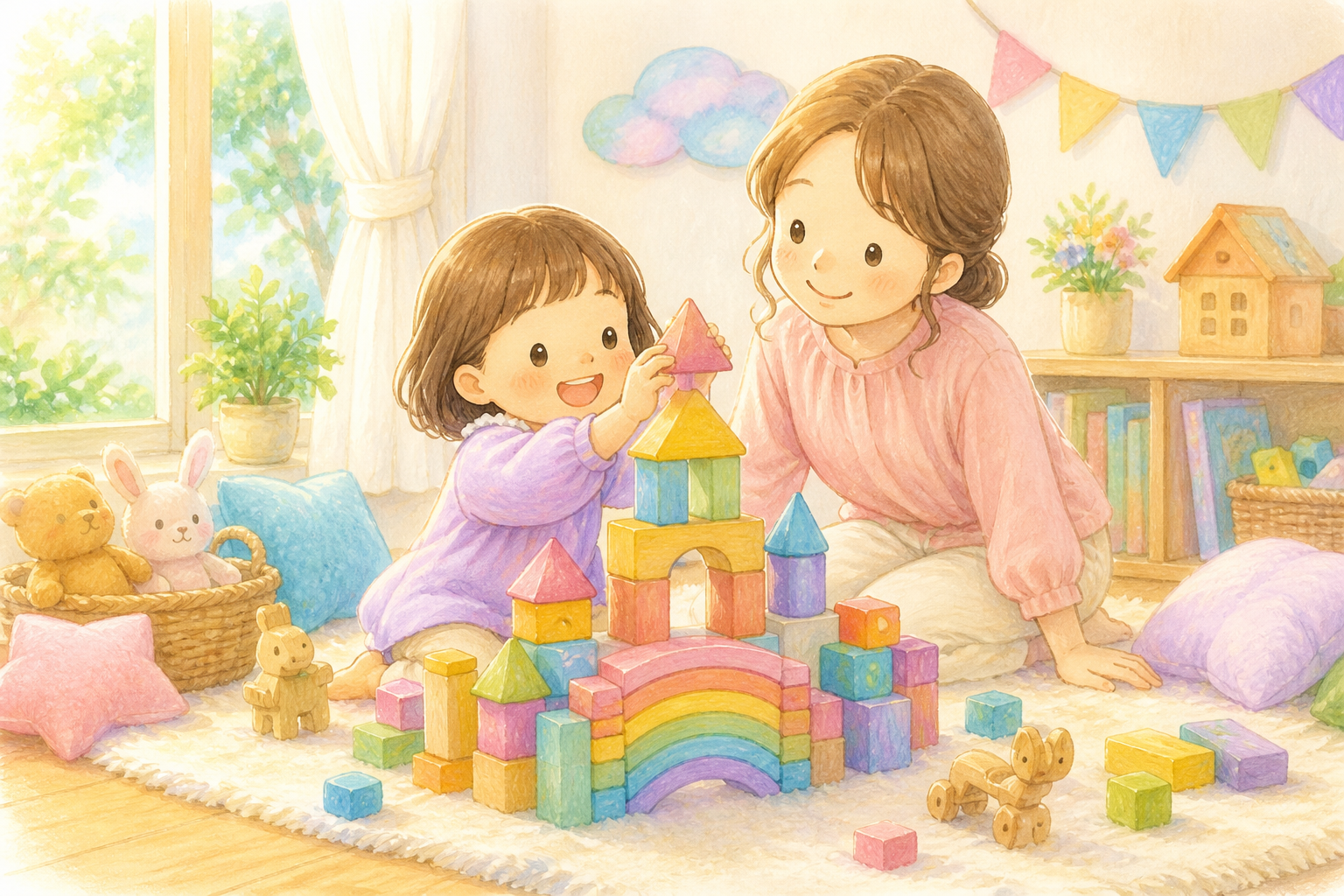 積み木遊びを楽しむ親子