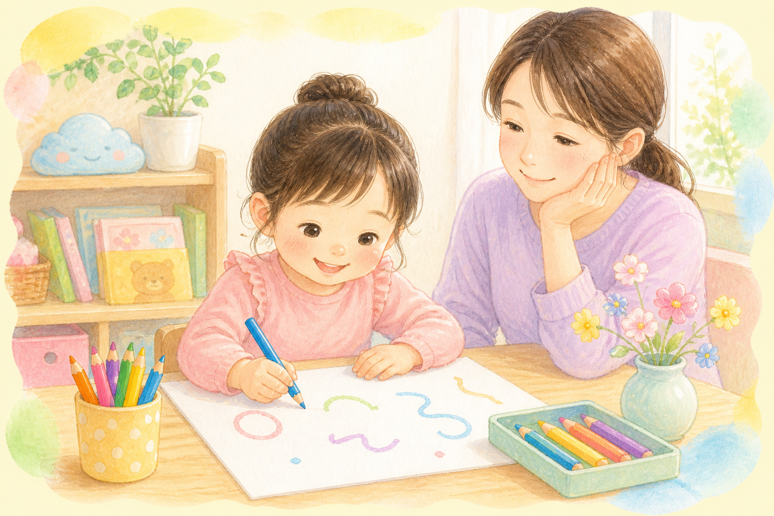 大きな紙に線を描く子ども