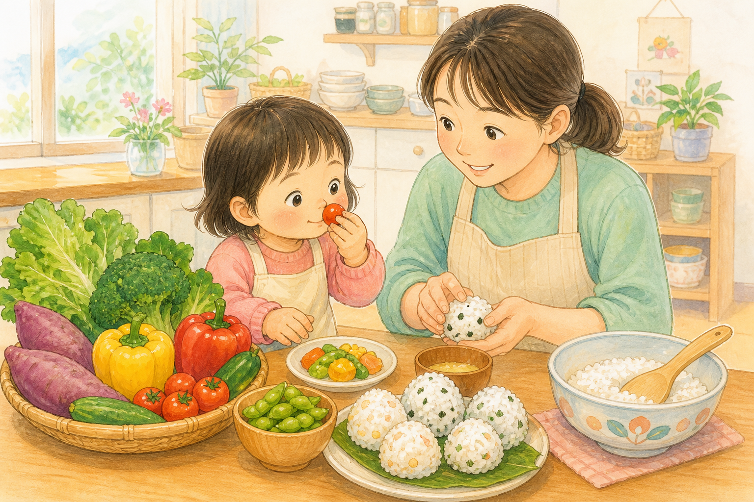 野菜に触れながらおにぎりを作る親子