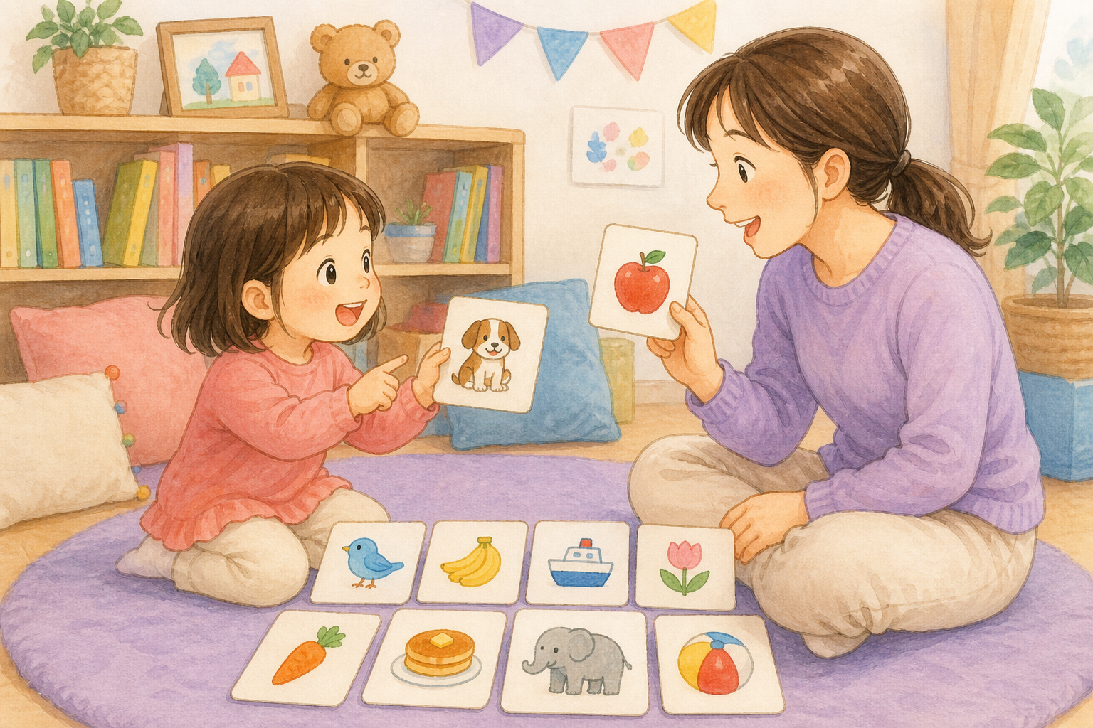 絵カードで言葉遊びを楽しむ親子