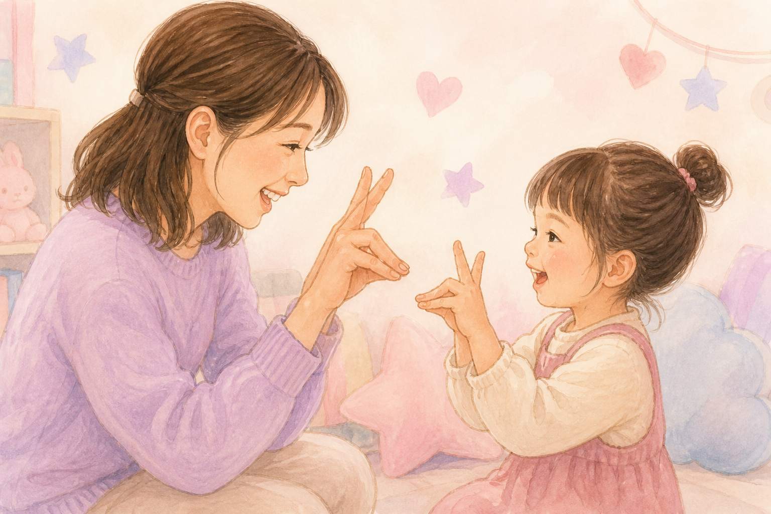 向かい合って手遊びを楽しむ親子