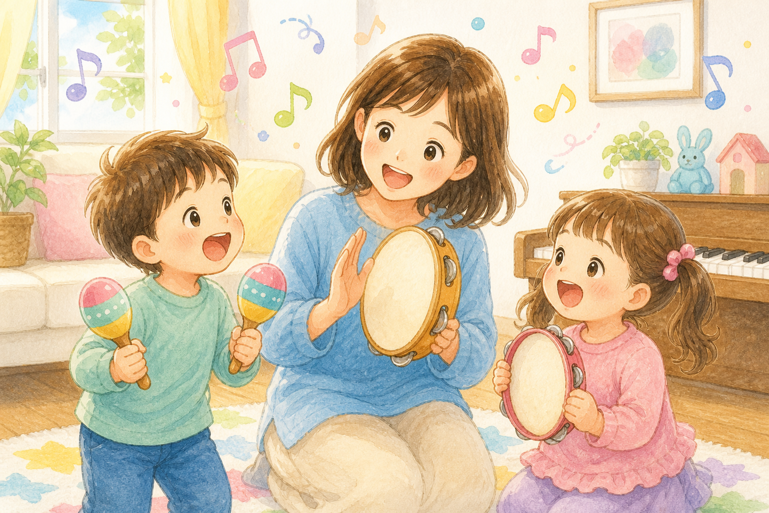 歌と小さな楽器を楽しむ親子