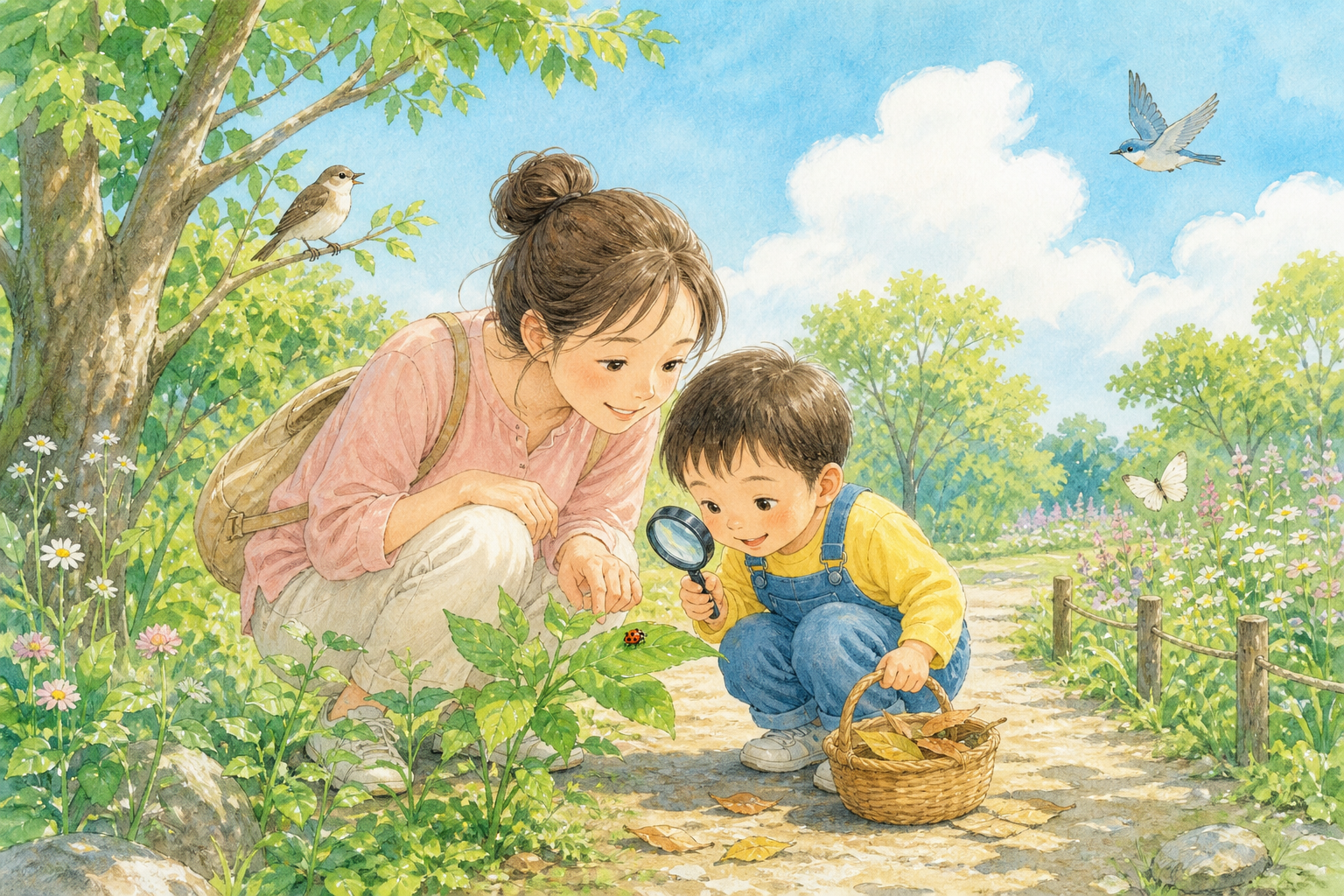 公園でてんとう虫を観察する親子