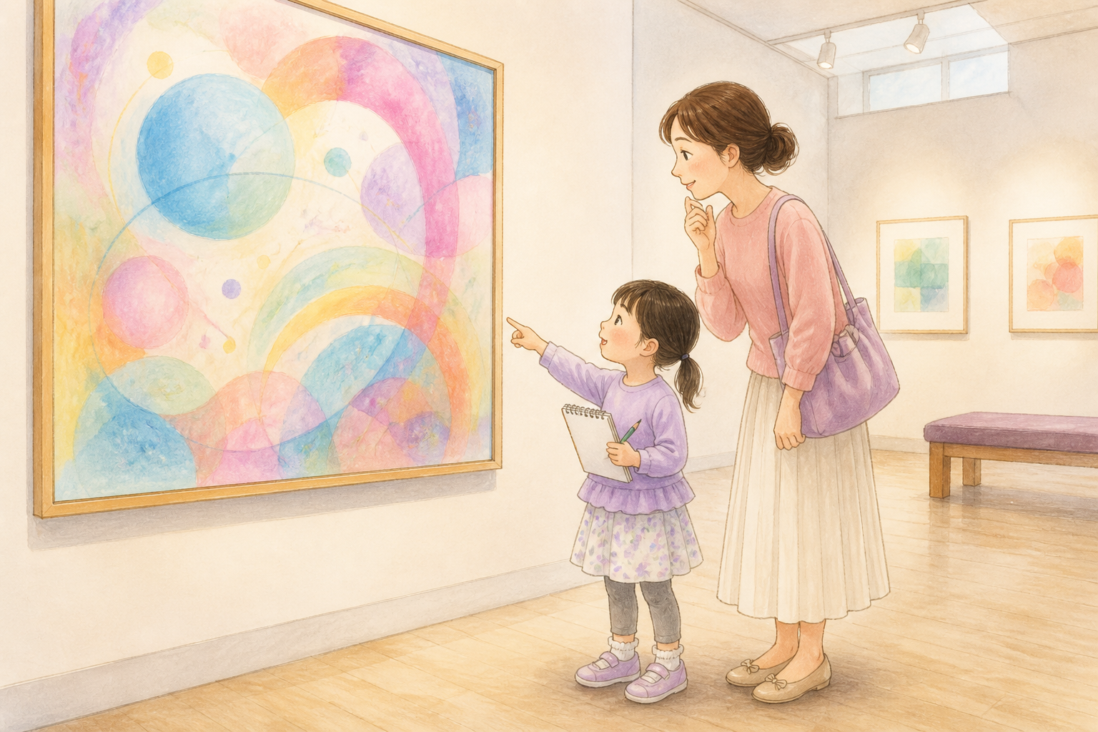美術館で抽象画を鑑賞する親子