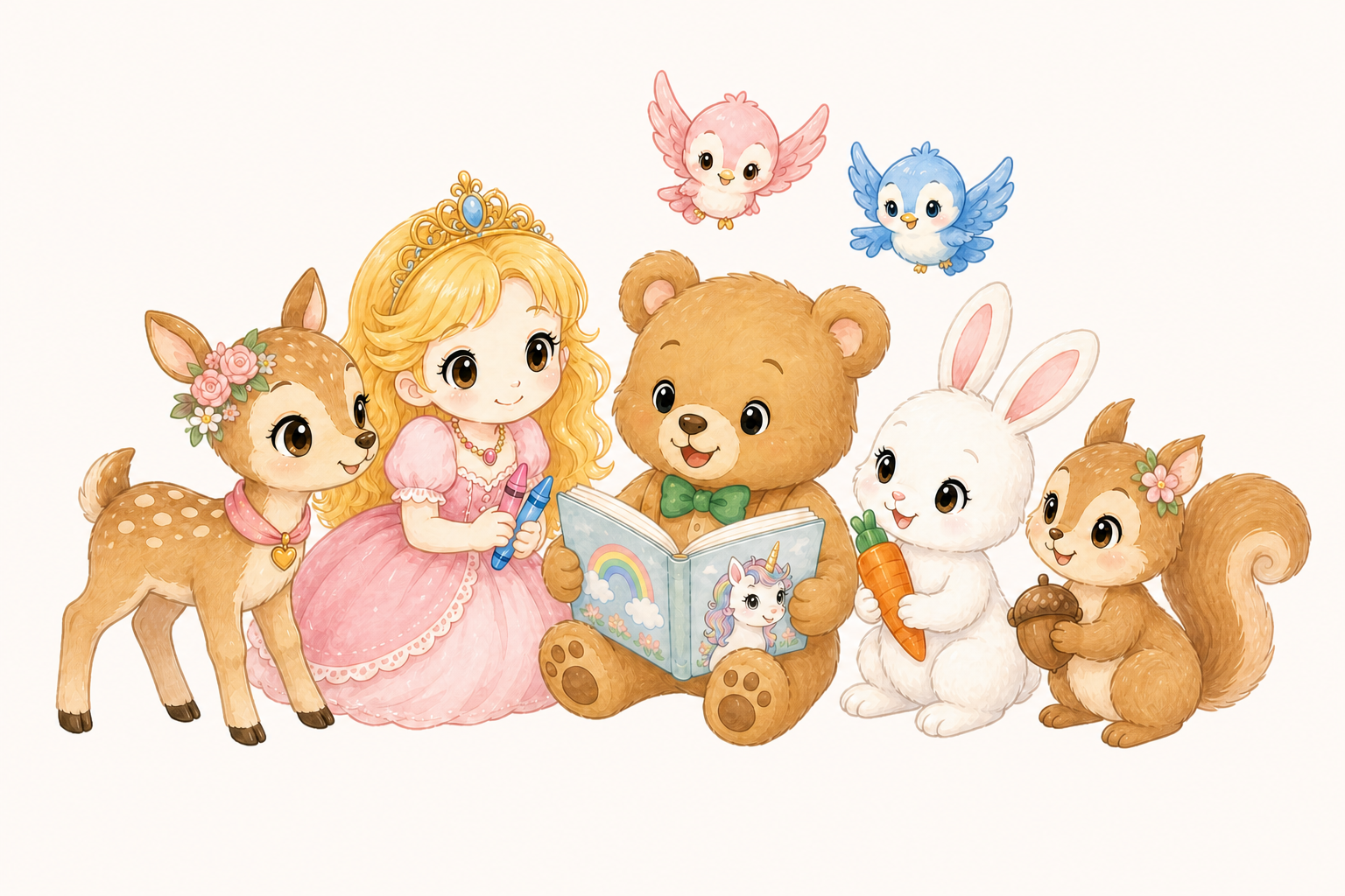 ソフィー姫、クウ先生、リリー、モカ、ココ、ピピとポポ