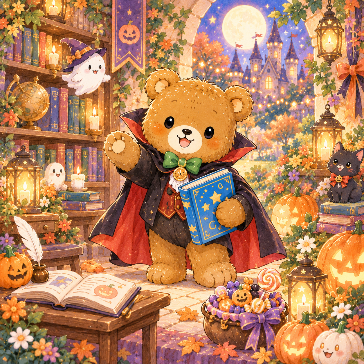 ハロウィンの図書室にいるクウ