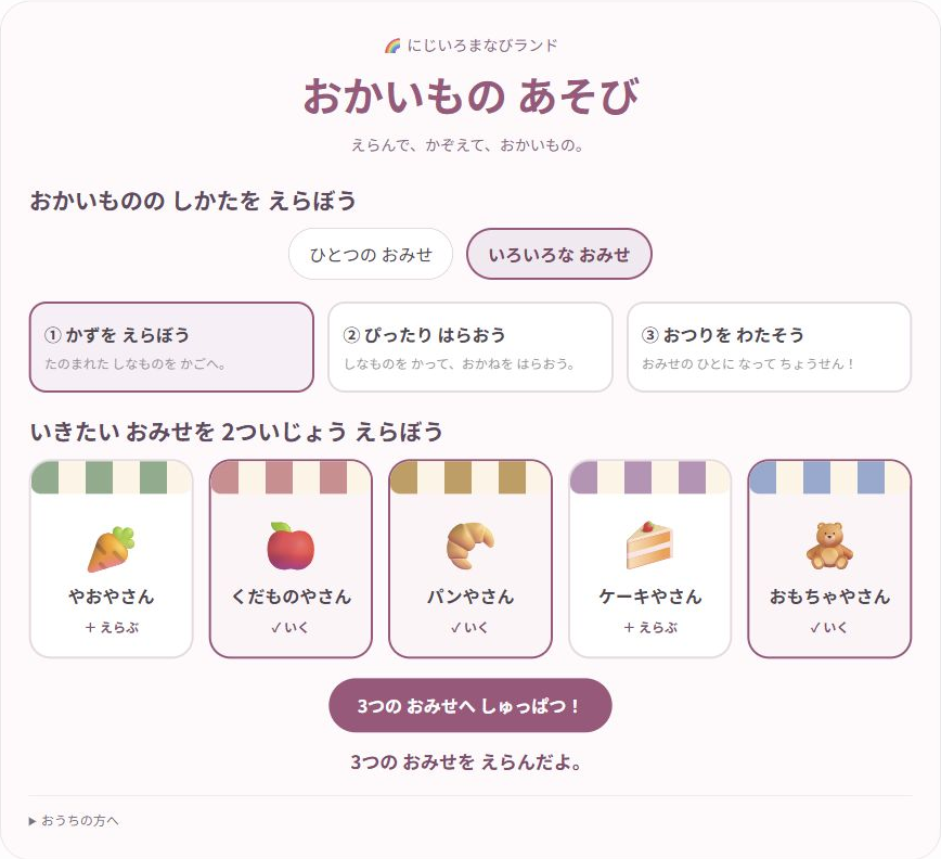 5つのお店を選べるおかいものあそびの画面