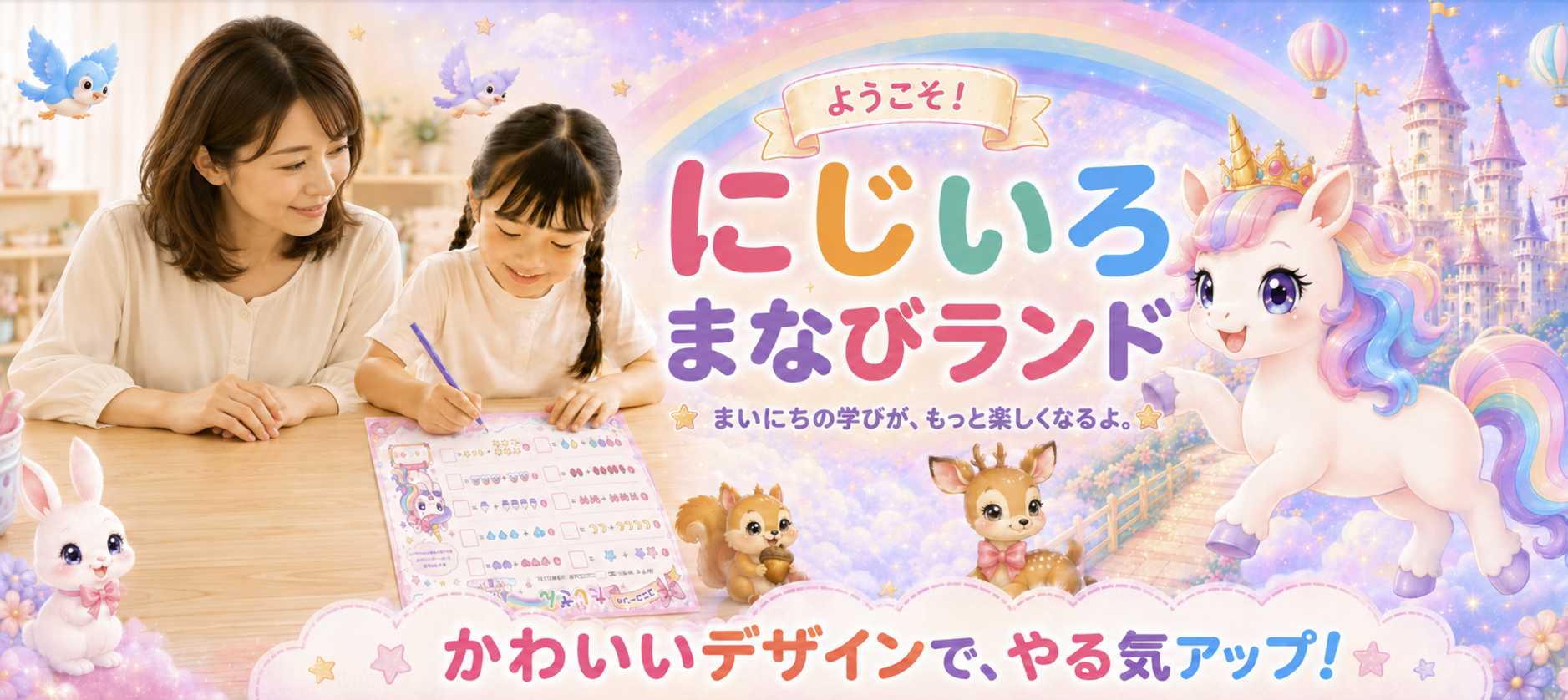 女の子とママが一緒にプリントを楽しむ にじいろまなびランド